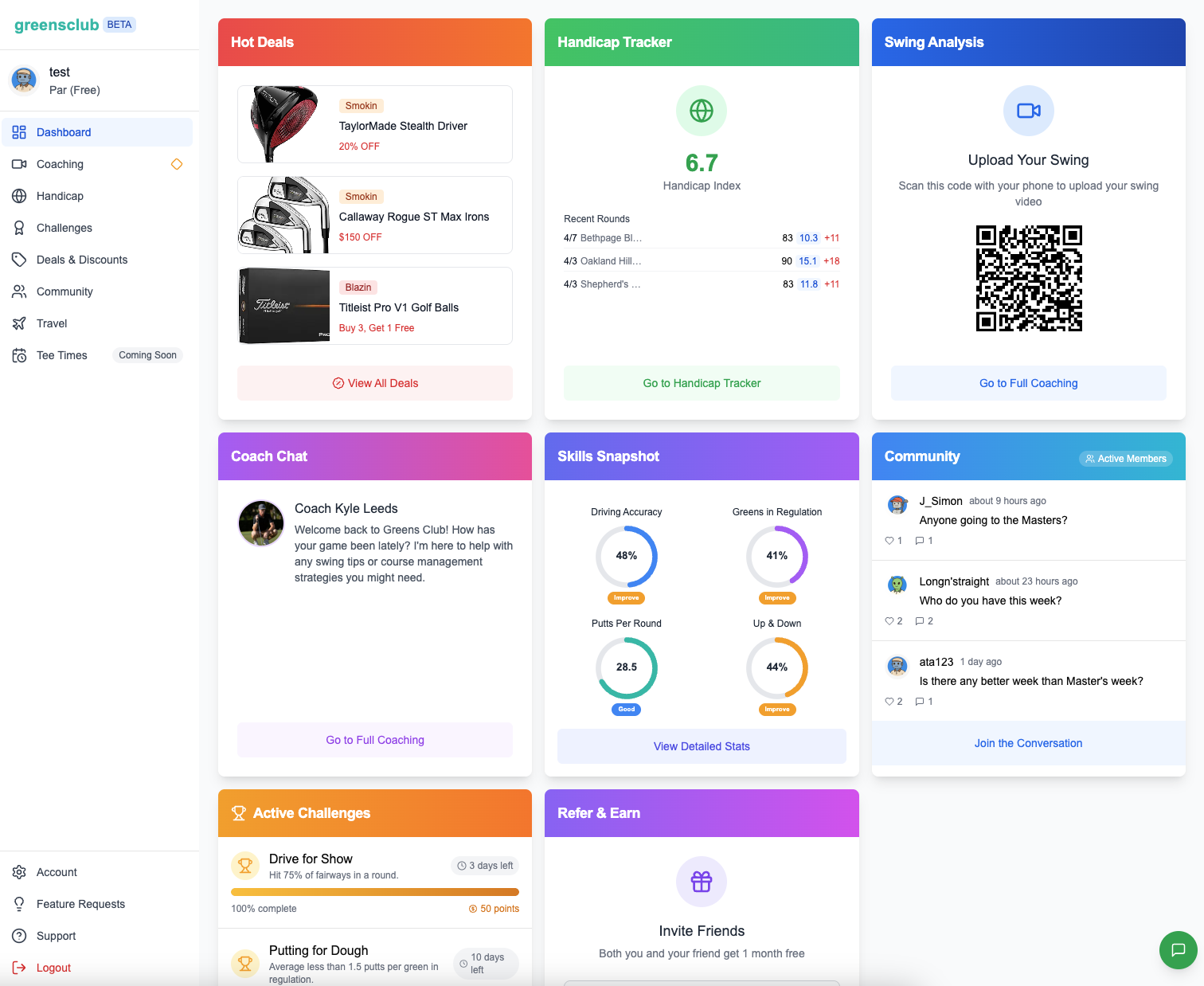 Greensclub Dashboard showing hot deals, handicap tracking, swing analysis, coaching, skills snapshot, and community features